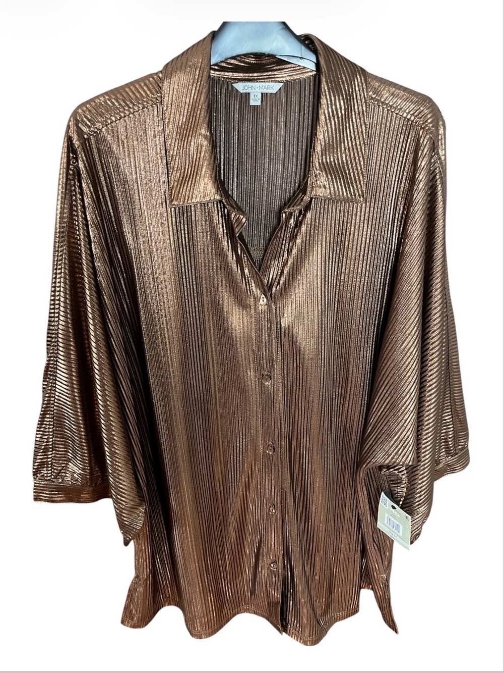 NWT John + Mark Bronze Metallic Plisse Pleated Blouse Plus 1X MSRP $99